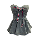 Real Shot With Chest Cushion Denim Sling Vest With Bow Hanging Neck Short Twiping Boat Blouse Woman