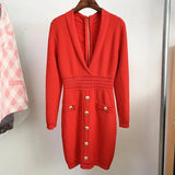 QUALITY Newest 2023 Fall Winter Designer Dress Women's Long Sleeve Notched Collar Knit