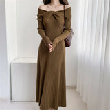 Hepburn Style Advanced Sexy Shoulder Black Long-Sleeved Knitted Dress Women's Autumn Temperament Slim Dress-Outfit
