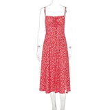 Red Floral Print Strap Split Midi Dress-Outfit