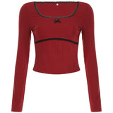 Lace Trim Round Neck Bow Coquette Long Sleeve Tee-Outfit