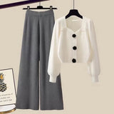 Knit Sets Womens Outfits French Vintage Square Collar Knitted Sweater And Wide Leg Pants Two Pieces Sets Office Lady