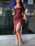 Satin Dress Off Shoulder Ruched Cut out Side Split Anti-Slip Invisible Zipper Midi Dress Women Asymmetrical Sexy