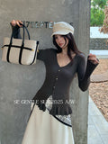 Fongt Xixi 2025 Autumn White Label New Temperament Pure Color V-Neck Wool Bottom Shirt Women 25057