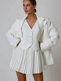 Solid V-neck Vest And Pleated Mini Skirt Set-Outfit