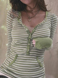 Vintage Striped Ribbed Knit Button Front