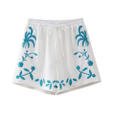 Fongt Spring / Summer Holiday Wind New Women's Cotton And Linen Embroidered Short Sleeve Shirt Drawn Rope Shorts Two Sets-Outfit