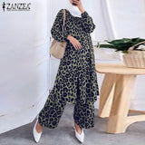 Leopard Printed Casual Loose Muslim Sets ZANZEA Women Full Sleeve Blouse Long Pants 2022 Party Suits Islamic
