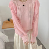 New 2022 Chic Korean Fashion Sweater Knitted Patchwork Chiffon Women Spring Autunm Elegant Ruffle Lady Tops