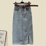Streetwear Three Pieces Set For Women Slash Neck Vest+long Sleeve Sunscreen Shirt+high Waist Side Split Denim Skirts