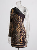 French Retro Court Dress 2025 New Heavy Industry Nail Beads Unilateral Sleeve Design Long-Sleeved Dress