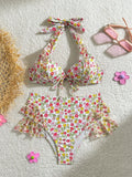 2024 New Small Fresh Print High-Waisted Fly-Side Swimsuit Bikini