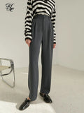 High Waist Straight Long Trousers Loose Waist Full-Length Panst Office Lady Solid Spring Pleated Grey