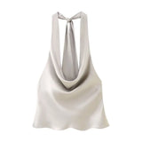 Fongt Women's Neck Bow Silk Satin Texture Top-Outfit