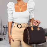 Puff Sleeve Women Blouse Square Neck Korean Style Tops Elegant Sexy White Black Slim Crop Blouse