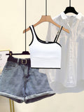 Women Summer Shorts Sets Streetwear Slash Neck Vest+white Sunscreen Blouse+denim Shorts 3 Pieces Set For Women Outfits 2022