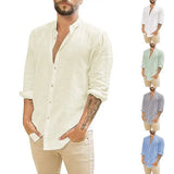 Fongt Men's New Linen Cardigan Pure Color Casual Collar Long-Sleeved