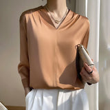 Fongt 2023 Summer Women's New Satin Shirt V-Neck Simple Nine-Minute Sleeve Temperament Versatile French Jacket-Outfit