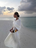Fongt Spring And Summer New Hot Shawl Folding V-Neck Design High-Waisted Long Dress LX0146