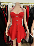 Star Of The Same Sexy Hanging Neck Small Black Dress Body Waist Nail Dew Back A-Character Dress Women's Party