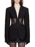 Fongt Coat Female 2024 New French Casual Fish Bone Beam Waist Mesh Stitching Slim Perspective Small Suit Summer-Outfit