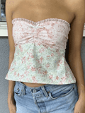 Lace Stitching Plaid Bandeau Top-Outfit