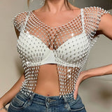 Fongt Direct Selling Hot Fishing Net Bright Drill Slit Sexy Crop Vest