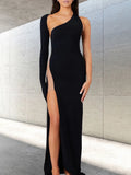 Mesh Patchwork Dress One Shoulder Long Sleeve With Glove Irregular Backless Midnight Clubwear Bodycon Vestidos-Outfit