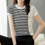 Commuter Fashion Button Striped Patchwork Pullovers Top 2023 Summer New Women Clothing O-Neck Short Sleeve Casual T-shirt-Outfit