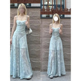 Fongt Blue Floral Sling Dress Women's Summer Seaside Vacation Beautiful Temperament Waist Temperament Pure Desire