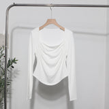French Style Long-Sleeved T-Shirt Girl Autumn And Winter Collar Folded Folded Body Inside The Bottom Shirt Top