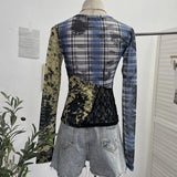 Pictsey Tat Yarn Print Bottom Blouse Spliced Lace Long-Sleeved T-Shirt