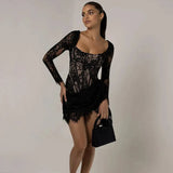 Black Long Sleeve Lace Bodycon Drape Mini Dress-Outfit