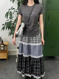 Patchwork Lace Plaid Maxi Skirt-Outfit