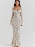 Lace Square Neck Long Flare Sleeve Maxi Dress-Outfit