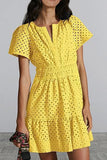 Fongt Women's V-Neck A-Shaped Hollow Lace Folded Short-Sleeved Mini Dress