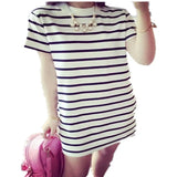 Fongt Summer Women's Wear Long Women's Stripe Loose Short-Sleeved T-Shirt Korean Version Horizontal Stripe Women's