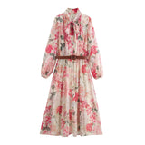 Fongt Women's Explosive Temperament Fashion Sweet Pink Print Irregular Cake Dress