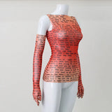 Mesh Letter Print Sleeveless Top With Gloves-Outfit