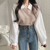 Polo Collar Patchwork Long Sleeve Blouse-Outfit