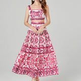 Fongt And White Porcelain Printing Set Women Three-Dimensional With Chest Pad Short Breast Sling Sling Belt + Two-Piece Skirt