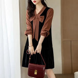Korean V-Neck Bow Midi Dress Female Clothing Casual Patchwork Spring Autumn Elegant Loose Commute Long Sleeve Dresses-Outfit