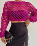 Fongt Spring And Summer New Knitted Shirt Horn Sleeve Loose Round Collar Hollow Sweater Woman