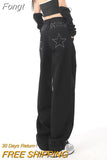 Five Pointed Star Straight Women Black Jeans European and American Style Design High Waist Wide Leg Length All Match