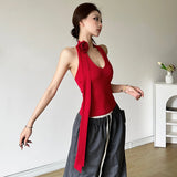 2024 Summer New Women's Solid Color Hanging Neck Three-Dimensional Flower Vest High-Waist Loose Straight