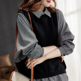 Two Pieces Plaid Pullovers Female Clothing Korean Lapel Casual Spring Autumn Commute Knitted Patchwork Loose Sweatshirts-Outfit
