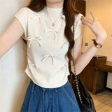 Fongt Wind Gentle Niche Bow High-Neck Short Sleeve New T-Shirt Summer Slimming Short Blouses