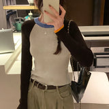 Color Knitted Blouse Women Wear Bottomed Sweaters In Autumn And Winter, A New Style Shoulder-Inserted Long-Sleeved Minority