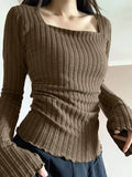 Square Neck Flare Sleeve Slim Knit-Outfit