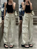 New Vintage Women Fashion White High Waist Casual Jeans Loose Omighty Wide Leg Pocket Cargo Pants Solid Overalls